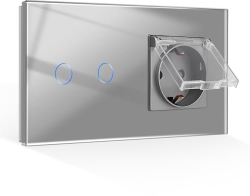 CNBINGO Touch Lichtschalter mit Wasserdicht Steckdose - Wandsteckdose Unterputz mit Klappdeckel - Glas Wandschalter zweifach in Grau - mit Status-LED - 500W/Fach, 2- Fach