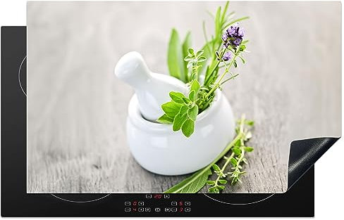 KitchenYeah© Herdabdeckplatte Einteilig Abdeckplatten Cerankochfeld Abdeckung Ceranfeld Herdplattenabdeckung Induktionsmatte Kräuter - Grün - Weiß - Gefäß - 85x52 cm