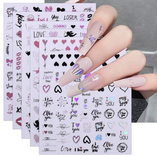 JMEOWIO Nagelsticker Valentinstag Herz 9 Blatt Nail Art Sticker Selbstklebend Nagelaufkleber Schwarz Rosa Dekoration Nageldesign Zubehör