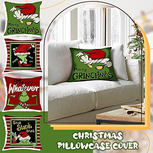 Oaxvou Weihnachtskissenbezüge, 4 Stück, Weihnachtsdekoration, The Grinch Kissenbezug, 45,7 x 45,7 cm, Merry Grinchmas Wurfkissenbezug für Zuhause, Sofa, Couch, Weihnachten, rustikale Dekoration