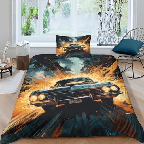 AAHARYA Muscle Car Bettbezug Bettwäsche Set 3 Teilig Bettbezüge 3D-Druck Oldtimer Motiv Bettbezug,Mikrofaser,mit Kissenbezug,für Jugendliche Kind Junge Mädchen Single（135x200cm）