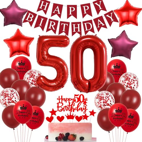 Rot 50 Jahre Party Dekoration,Rot Luftballons 50. Geburtstag,Deko 50. Geburtstag Frau ,Tortendeko 50 Frauen Deko,Ballons 50. Mann Frau Dekoration