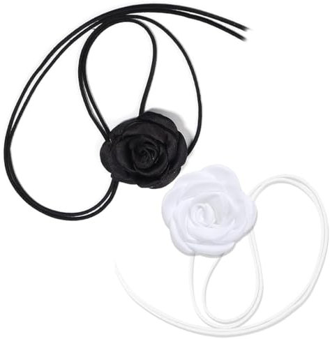 2 Pièces Collier Fleur De Rose Choker Fleur Réglable Collier Personnalité Ras de Cou Noir à Longues Bretelles Colliers de Fleurs Vintage pour Fête de Mariage, Anniversaire (Noir et Blanc)