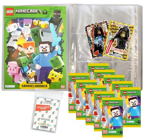 Bundle mit Lego Minecraft Serie 1 Trading Cards - 1 Leere Sammelmappe + 10 Booster + Exklusive Collect-it Hüllen