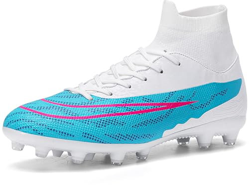 LECYGNB Boys Football Boots Astro Turf Trainers Kids Soccer Shoes Athletics Sport Shoes Professional Spikes Football Competition Shoes Teenager Indoor Outdoor Sneakers Unisex White Blue UK 4