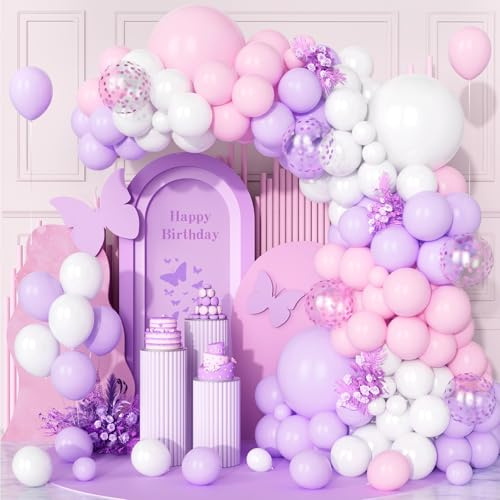 Teselife Palloncini Rosa Viola, 123 pezzi Rosa Lilla Pastello Coriandoli Bianco Arco Palloncini Kit per Ragazze Donne Festa di Compleanno Matrimonio Baby Shower Battesimo Bambino Baby Shower Decor