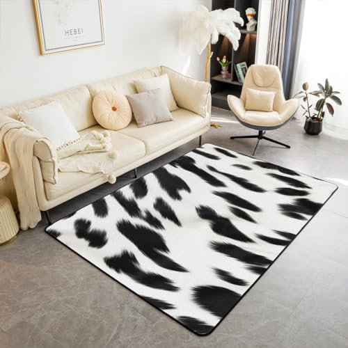 Kuh Druck Teppich 150Bx200L Milch Kuh Pelz Muster Maschinenwäsche Trockener Bereich Teppich Schwarz Weiß Indoor Fußmatte für Kinder Wild Tier Bauernhaus Dekorative Akzent Teppich,Spielzimmer Dorm Büro