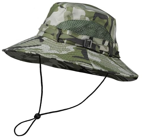 TOUTACOO, Chapeau de Soleil Camouflage à Large Bord, Homme, Femme, Anti-UV, réglable, Pliable, Chapeau de Brousse, Jungle, Safari, Motif Militaire (02-Camouflage Treillis Vert/Kaki)