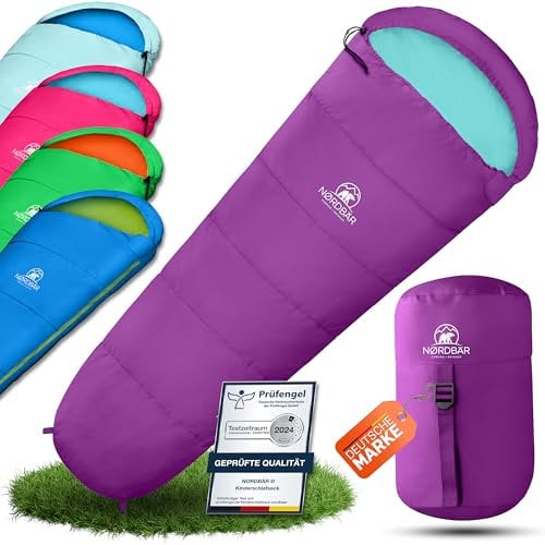NORDBÄR® Kinderschlafsack für Jungs & Mädchen bis 145 cm Körpergröße | Innenfutter aus 100% Baumwolle | Mumienschlafsack leicht & warm | Kinder Outdoor Schlafsack [1200g] Kinderschlafsäcke