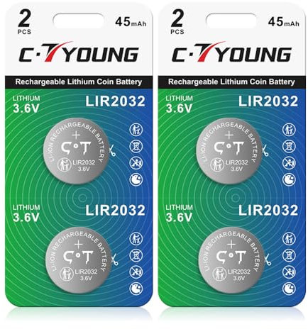 Rechargeable 2032 Batteries 3.6V Lithium Ion Button Coin Cell for Airtag Car Key Fob CR2032(4pcs)
