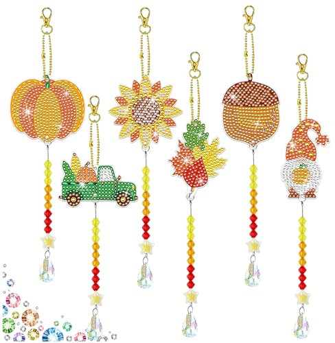 VEEKAY Juego de 6 llaveros de pintura de diamantes 5D,5D Kit de Colgantes de Doble Cara,Llaveros para Niños con Pintura de Diamantes, llavero de pintura de diamante en ambos lados,Acción de Gracias
