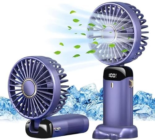 Hand Held Fan,Portable Handheld USB Rechargeable Fans with 5 Speeds,Battery Operated Mini Fan Foldable Desk Desktop Fans with LED Display for Home Office Bedroom Outdoor Travel (Purple)