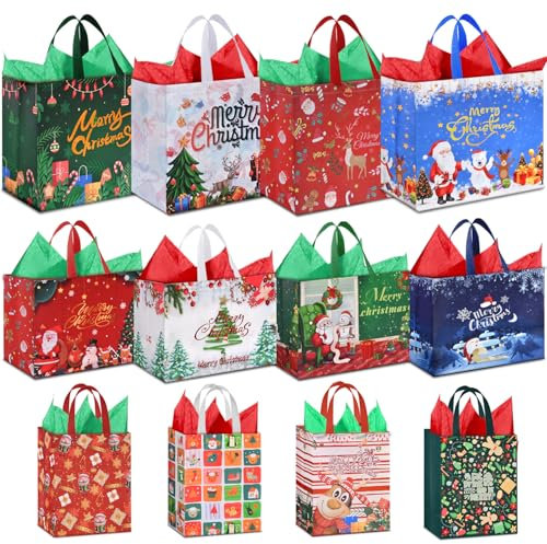 AhfuLife 12 Stück Geschenktüten Weihnachten mit Seidenpapier, Wiederverwendbare Weihnachtstüten Weihnachtstaschen, 4 Große 4 Mittlere und 4 Klein Geschenktüte Weihnachten für Xmas Geschenkverpackung