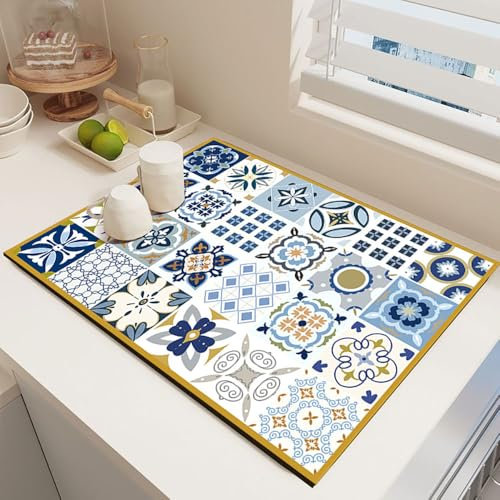 Odot Abtropfmatte für Geschirr, Marokko-Stil Abtropfmatte Geschirr Schnelltrocknend Geschirr, Abtropfmatte Kaffeemaschine Matte Kaffeematte (Gelb Blau,50x80cm)