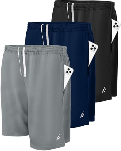 NY Threads 3 Pack Men's Athletic Shorts Quick Dry Lightweight Workout Running Gym Shorts with Pockets, Large, Black/Navy/Medium Grey