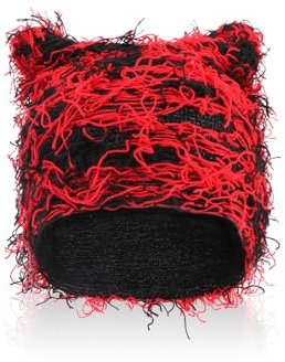 QKURT 2 Stück Katzenohren-Beanie-Mütze, Strickmütze, Winter-Katzenohren-Beanie, gestrickte Häkelmütze, Katzenohren, Katzenmütze, Häkelmützen, rot, S-L