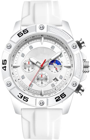 RORIOS Reloj de Pulsera Elegante para Hombre Relojes Casual Deportivos Reloj Cuarzo Analógico Multifuncional Reloj Cronógrafo Luminoso Correa de Silicona Blanco