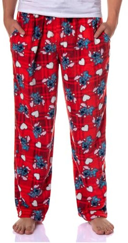 Disney Lilo & Stitch - Pigiama in pile per adulti con motivo a cuori, per uomini e donne, Rosso, L