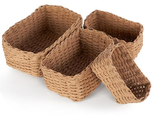 Vikcvcsc Aufbewahrungskorb Geflochten, 4er Stapelbarer Badezimmer Körbe Aufbewahrung, Aufbewahrungskörbe Set, Aus Gewebtem Recyclebarem Papierseil für Wohnzimmer Küchen Kinderzimmer Bad(Jute)