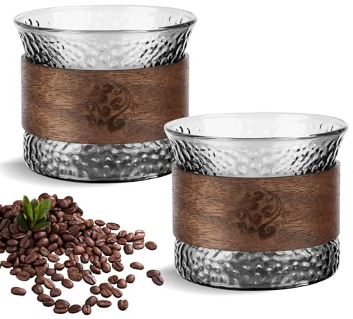 2 Pcs tasses à expresso en verre 150 ml avec anneau en bois anti-brûlure pour expresso, thé, moka