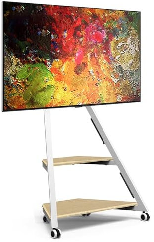 Mobiler TV-Ständer auf Rädern, rollbarer TV-Wagen für 32-65 Zoll Flachbildfernseher, verstellbarer Metallrahmen mit Ablage, tragbarer Boden-TV-Ständer (Weiß & Holz)