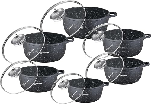 Masterpan 12-teiliges Topfset - Schwarz marmorierte Antihaftbeschichtung, Induktionstöpfe, mit Deckeln - Modernes Küchendesign