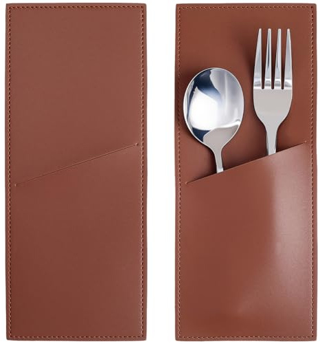 CALFOVERA 2 Porte Ustensiles en Cuir PU Vintage Pochette à Couverts en Cuir Marron Étui à Couverts Rustique Rangement de Vaisselle Organisateur pour la Maison la Cuisine Décoration de Table de Noël