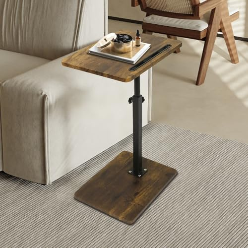 Simcat Tavolino a forma di C, girevole a 360 gradi, regolabile in altezza, tavolino da divano con bracciolo, tavolino per snack per letto o sedia con slot per telefono e tablet (marrone)