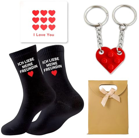 Scinzene Ich Liebe Meine Freundin Socken Set – Geschenkideen für Männer, inkl. Herz-Schlüsselanhänger, I Love You Karte & Geschenkbeutel, Größe 43-46 Boyfriend, Ehemann Geschenk