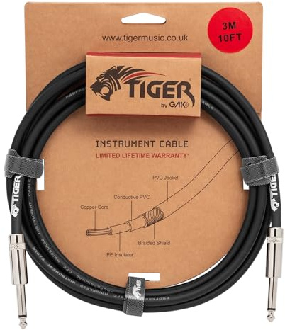 Tiger 3m (10ft) Guitar Instrument Cable - 1/4” Mono Jack to Jack Lead | Copper Connectors, Shielded Low-Noise Cable for Electric Guitar, Bass, Keyboard, Amp