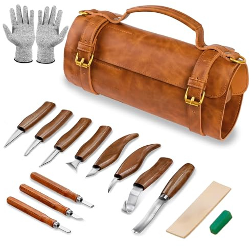 Wood Carving Kit, 15-in-1 Pack Deluxe Wood Whittling Kit, Whittling Set Contain Whittling Knives, Carving Knives, Gloves, Polishing Compound, Leather Bag for Adult/Child