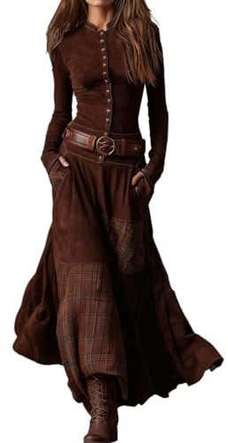 XUSAI Robe Maxi Western Vintage pour Femmes, Automne décontracté, Manches Longues, col Montant, Slim, Longue, Carreaux, Patchwork, Robe en Daim