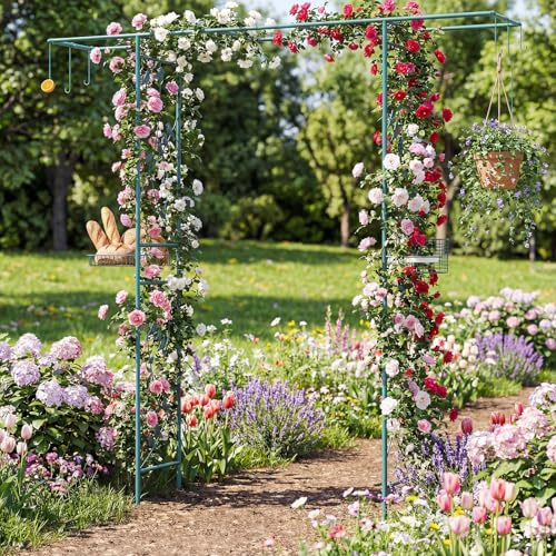 GOPLUS Arche de Jardin Métallique avec Mangeoire Oiseau, Abreuvoir, Plateau Nourriture pour Oiseaux et 7 Crochets, Pergola pour Plantes Grimpantes, Support de Décoration, Vert, 212x40x213CM
