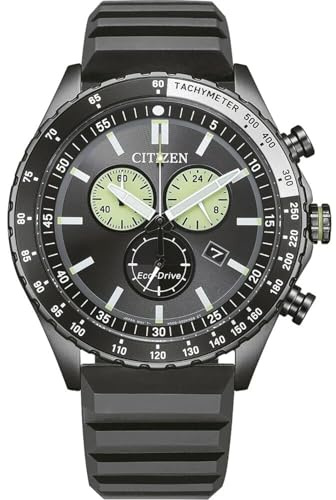 Citizen Eco-Drive Herrenuhr Edelstahl, Schwarz, 43 mm, AT2565-05E | Analog Chronograph, Kristallglas, 10 bar Wasserdicht, 150 Tage Gangreserve, Stoppuhr: Max. 60 Min, Datum