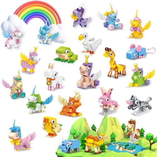 MOONTOY 24 Mitgebsel Kindergeburtstag Gastgeschenke, Mini Bausteine Set | 891 PCS Mini Tiere Konstruktionsspielzeug, Einhorn Baustein Spielzeug Geburtstag Party Geschenke 3-12 Jungen und Mädchen