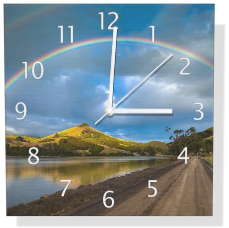 Wallario Design Wanduhr Regenbogen über Hügel aus Aluverbund, Alu-Uhr Größe 30 x 30 cm, weiße Zeiger mit Metalloptik