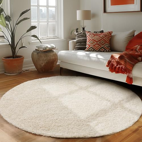Runder Teppich Wohnzimmer Hochflor Einfarbiges Design Langflor Shaggy Modern Flauschig, Farbe: Creme, Größe: 200 cm Rund