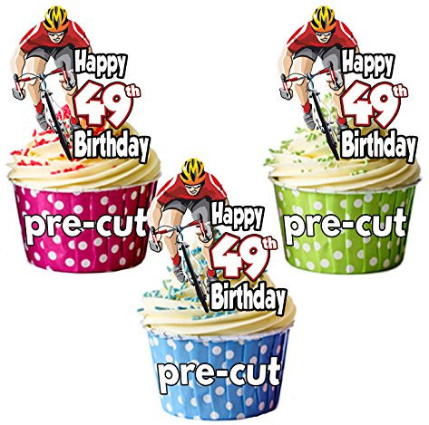 AK Giftshop PRECUT Cyclist Cycling Bike Riding Themed - 49th Birthday - Edible Cupcake Toppers/Cake Decorations (Pack of 12)