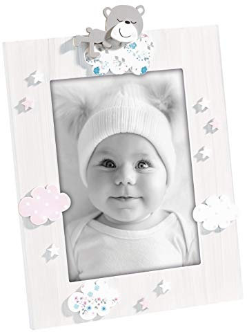 Cadre photo en bois avec décoration nounours et nuages. Finition blanche et rose – Taille photo 13x18 cm