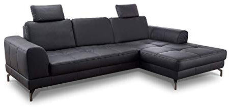 CAVADORE Ledergarnitur Benda / Großes Ecksofa mit XL-Longchair rechts & Federkern / Inkl. Sitztiefenverstellung & Kopfstützen / 284 x 87 x 175 / Echtleder: schwarz