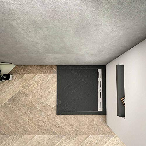 Piatto Doccia 80x80x3cm Nera Ruvida in Mista Scarico Sifone Piletta | Quadrato Ultraslim, Piatto Doccia, Nera Ruvida, Pietra Vulcanica Resina, Scarico e Sifone Piletta