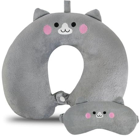 RAILONCH Reisekissen Kinder Nackenkissen,U-Geformte Nackenstützkissen, Niedliche Nackenhörnchen Kopfstütze, Baby Reise Schlafkissen mit Augenabdeckung (Grau)