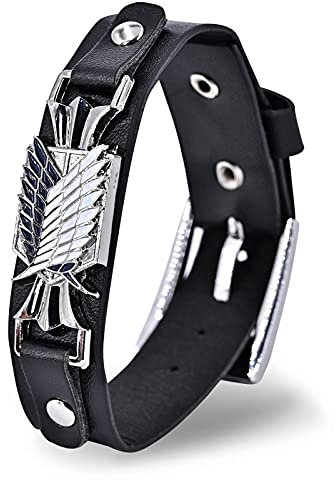 Roffatide Anime Attack on Titan Kunstleder Armband Survey Corps Wings of Freedom Legierung Schnalle Armreif für Herren Schwarz