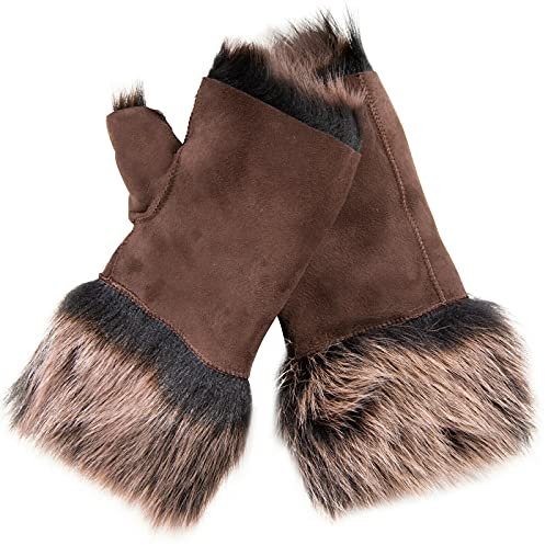 Infinity Leather Damen Handschuhe Winter Warm Bruan Gold Shearling Toskana Schaffell Wildleder Fingerloses Design