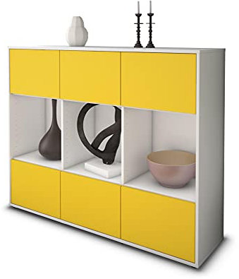 Stil.Zeit Highboard Kommode Suna, Korpus Weiss matt, Front Farb-Design Sonnengelb (136x108x35cm), Push-to-Open Technik & Leichtlaufschienen