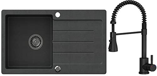 VBChome Fregadero negro con grifo, 77 x 44 cm, granito, empotrable, reversible, con sifón, caño giratorio, caño con muelle, color negro