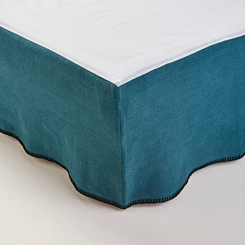 MADURA - Cache sommier Nino Décoration pour Maison Salon Chambre Canapé - Idée Cadeau en Lin lavé à Finition Point de feston Bleu 180x200 cm