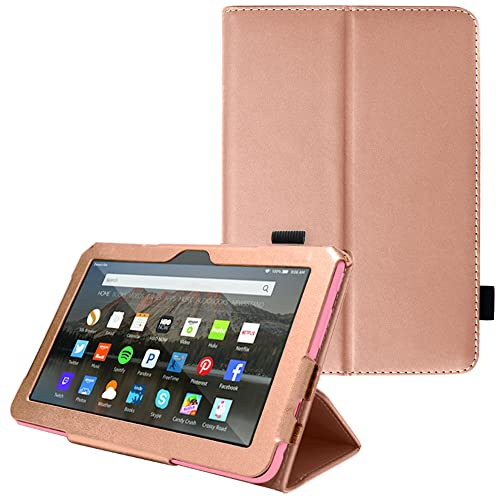 TECHGEAR Case Designed For All-New Amazon Fire 7 (12th Generation / 2022 Release) PU Leather Slim Folio Stand Case Cover with Hand Strap [Rose Gold] with Auto Wake/Sleep