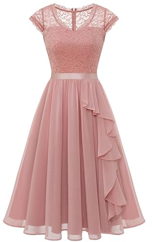 Wedtrend Robe de Cocktail Manche Courte en Dentelle Chic à Col V pour Soirée et Mariage WT0212 Blush L
