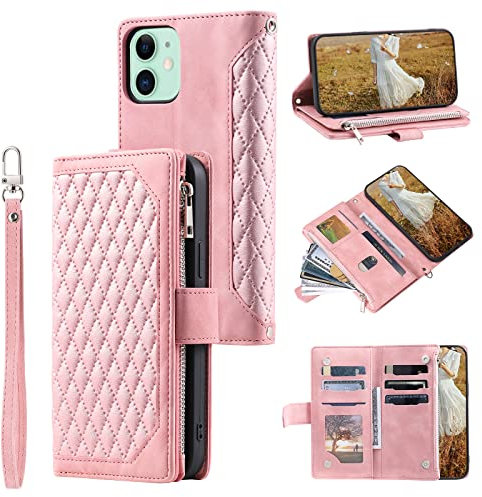 QLTYPRI Wallet Case for iPhone 11(6.1 inch),Luxury Quilted PU Leather Wallet Case with Card Slots for Women,Magnetic Zipper Purse Case with Wrist Strap Kickstand Shockproof Flip Cover-Rose Gold